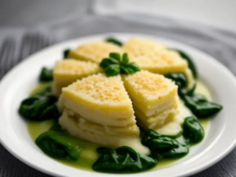 Gratin d'asperges blanches, épinards et parmesan