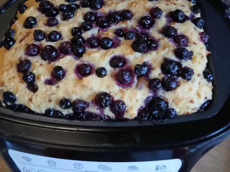 Pudding de pain rassis couvert de myrtilles dans la cuve d'un Cake Factory